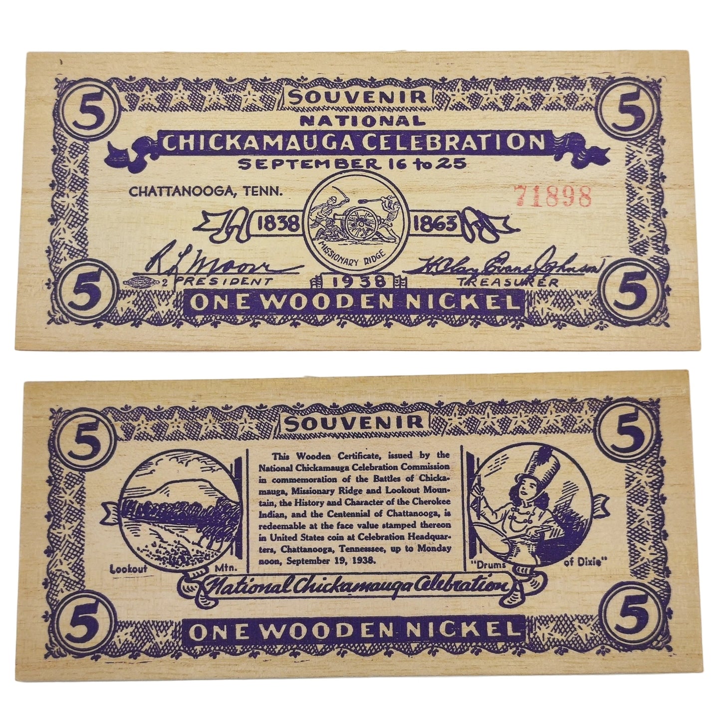 1938 USA Chickamagua Celebration Wooden Nickel - Souvenir 5¢ Note