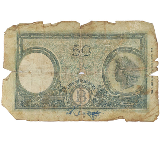 1943 Banca D'Italia Italy 50 Lire (Big L)