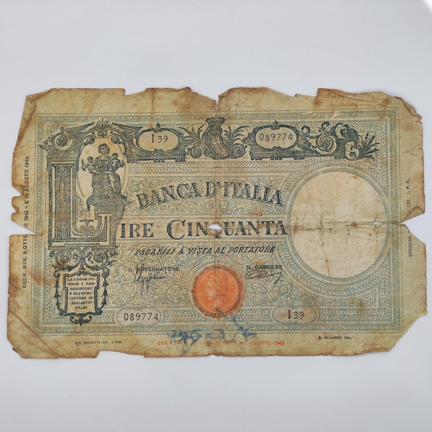 1943 Banca D'Italia Italy 50 Lire (Big L)