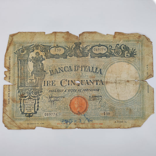 1943 Banca D'Italia Italy 50 Lire (Big L)