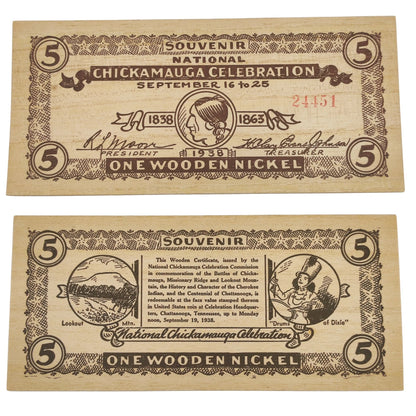 1938 USA Chickamagua Celebration Wooden Nickel - Souvenir 5¢ Note