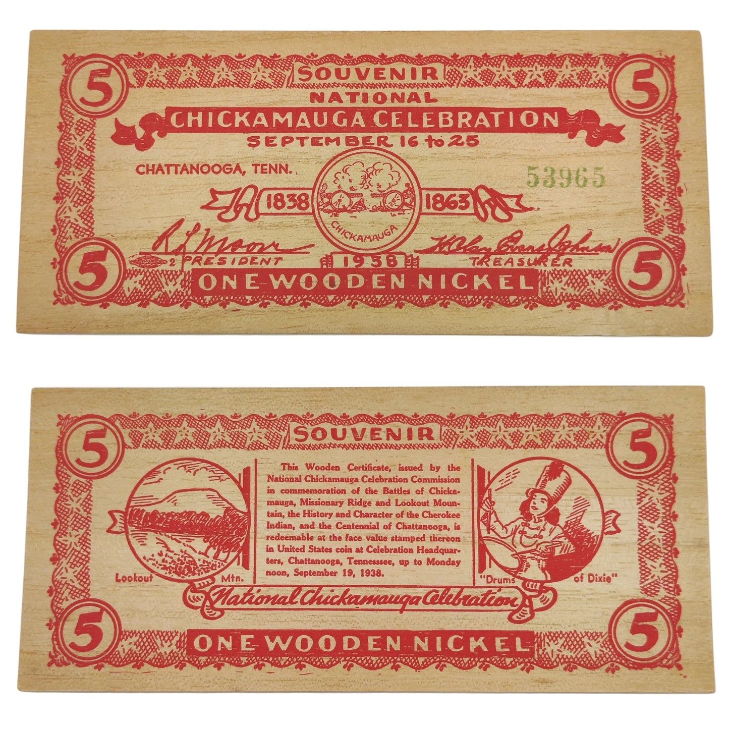 1938 USA Chickamagua Celebration Wooden Nickel - Souvenir 5¢ Note