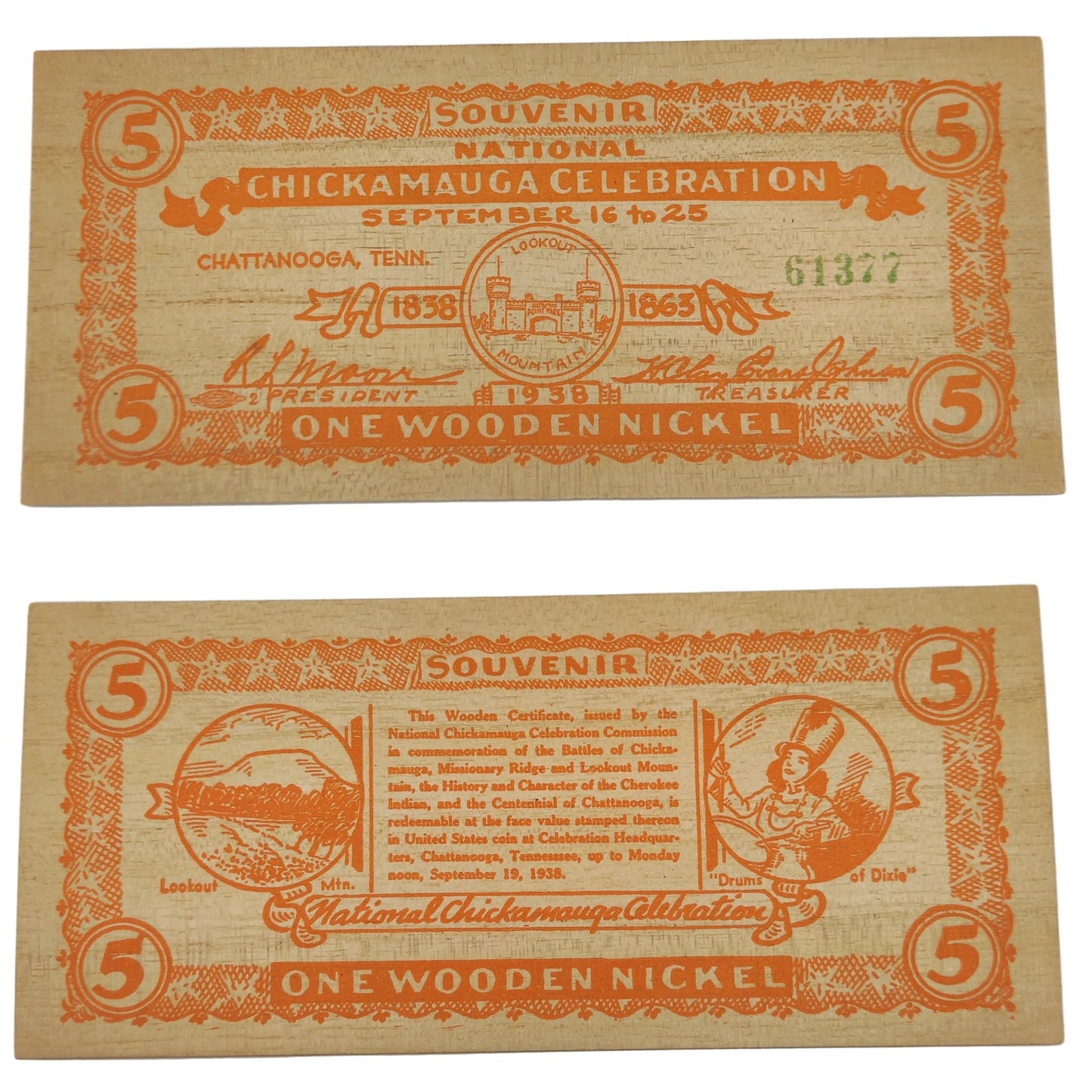 1938 USA Chickamagua Celebration Wooden Nickel - Souvenir 5¢ Note