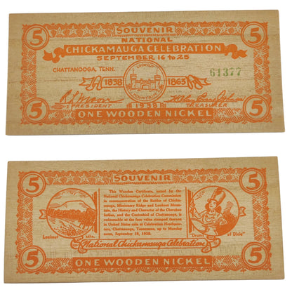 1938 USA Chickamagua Celebration Wooden Nickel - Souvenir 5¢ Note