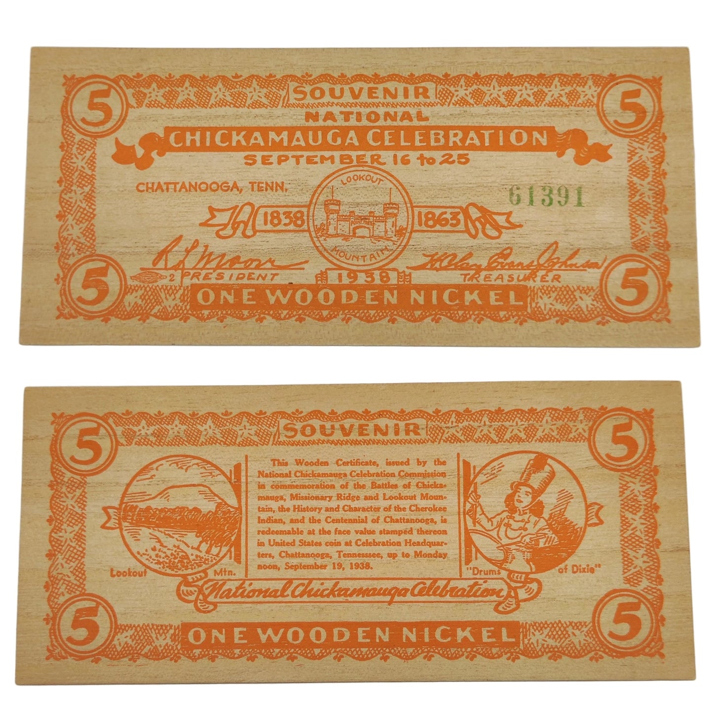1938 USA Chickamagua Celebration Wooden Nickel - Souvenir 5¢ Note