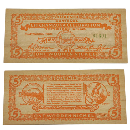 1938 USA Chickamagua Celebration Wooden Nickel - Souvenir 5¢ Note