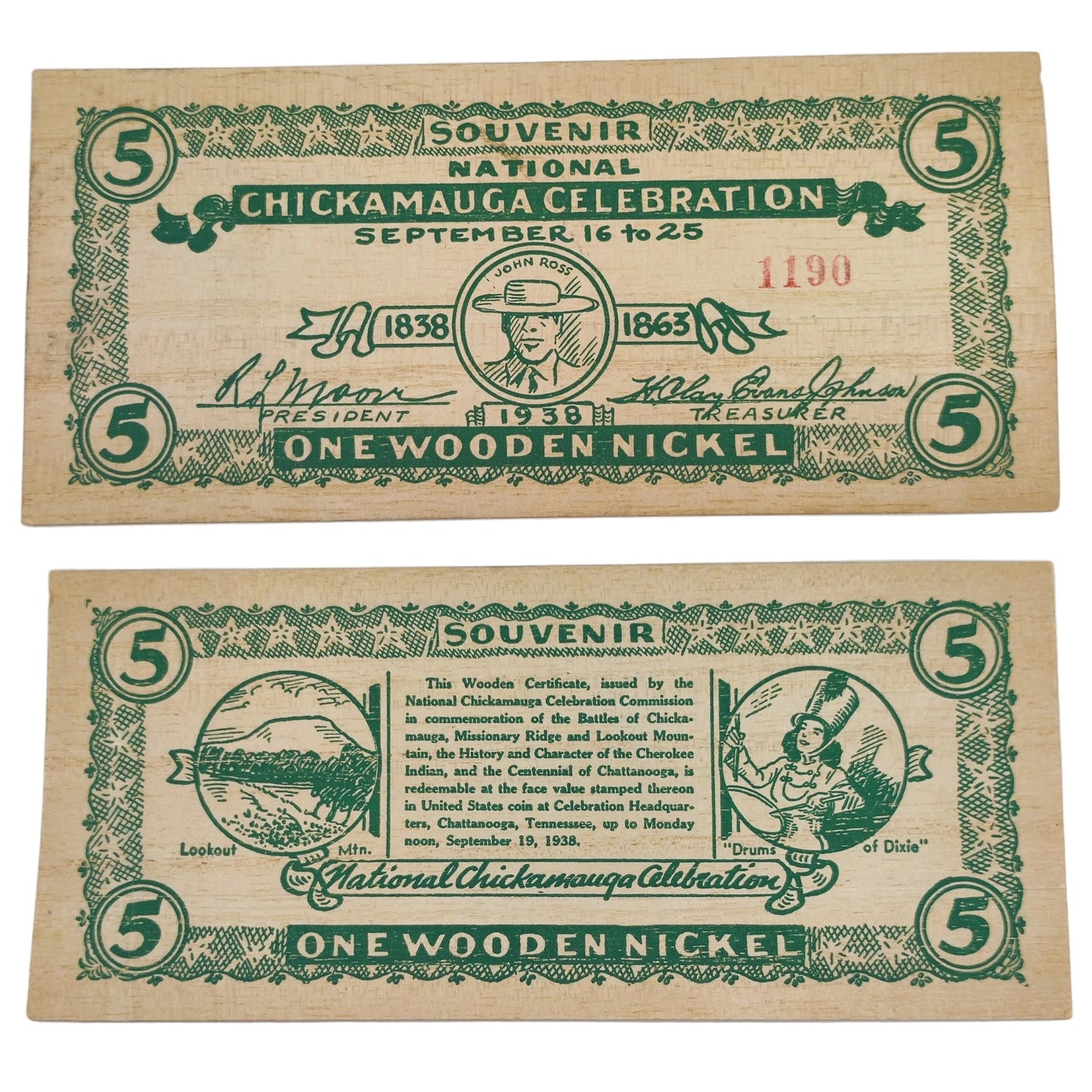 1938 USA Chickamagua Celebration Wooden Nickel - Souvenir 5¢ Note
