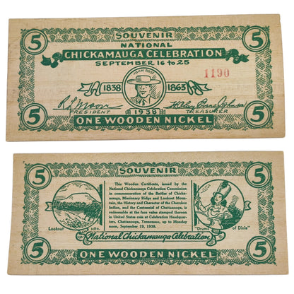 1938 USA Chickamagua Celebration Wooden Nickel - Souvenir 5¢ Note