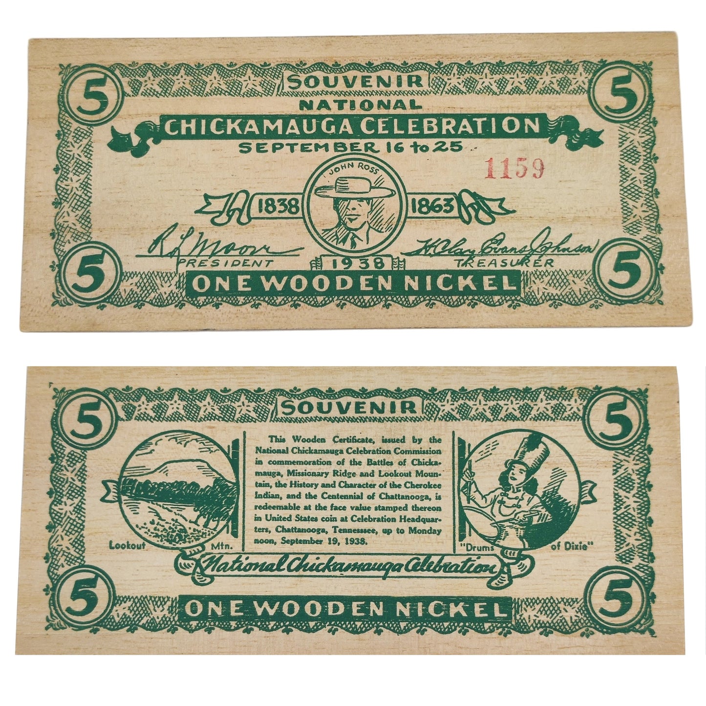1938 USA Chickamagua Celebration Wooden Nickel - Souvenir 5¢ Note