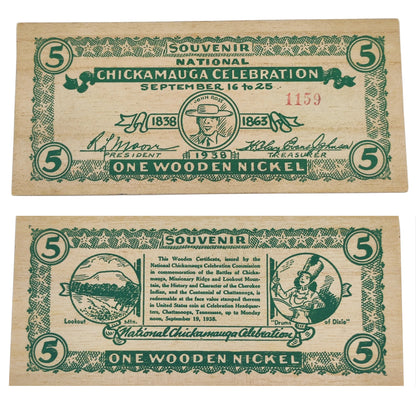 1938 USA Chickamagua Celebration Wooden Nickel - Souvenir 5¢ Note