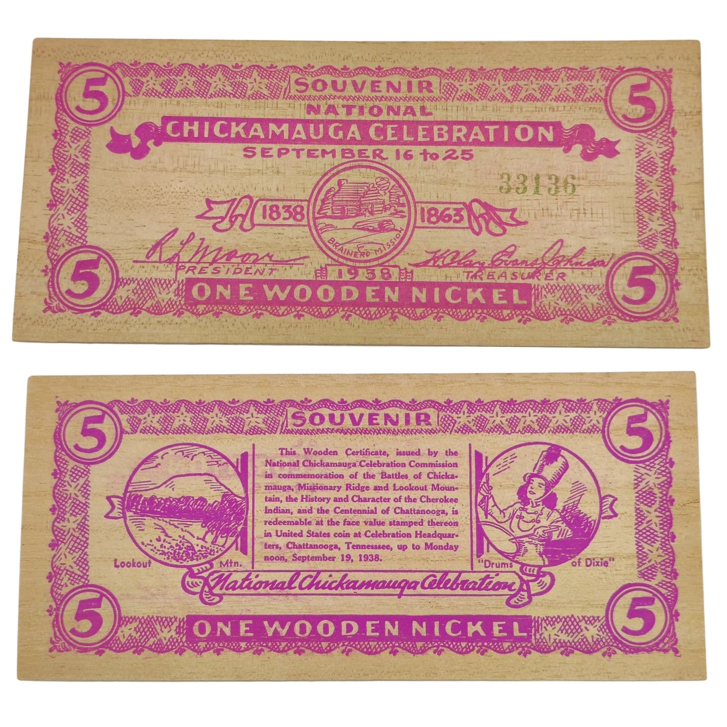 1938 USA Chickamagua Celebration Wooden Nickel - Souvenir 5¢ Note