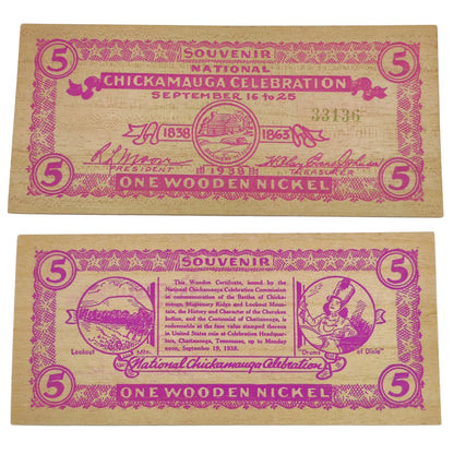 1938 USA Chickamagua Celebration Wooden Nickel - Souvenir 5¢ Note