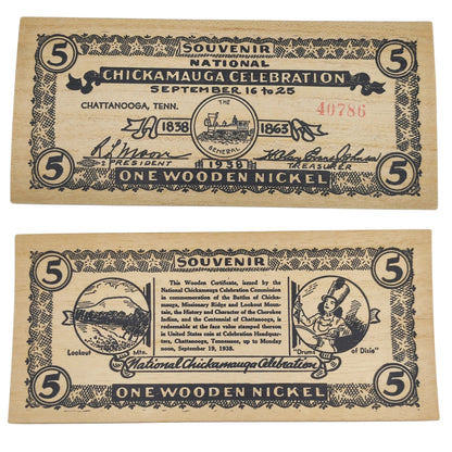 1938 USA Chickamagua Celebration Wooden Nickel - Souvenir 5¢ Note