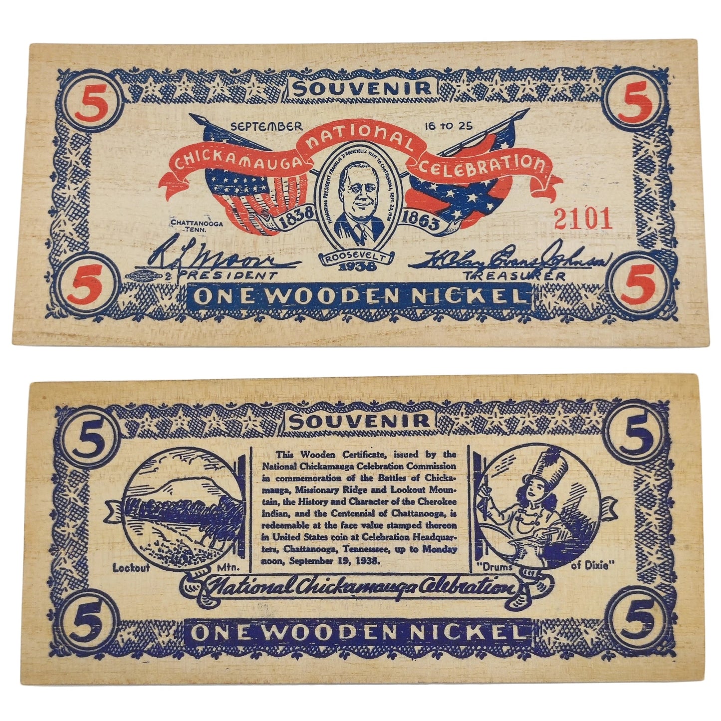 1938 USA Chickamagua Celebration Wooden Nickel - Souvenir 5¢ Note
