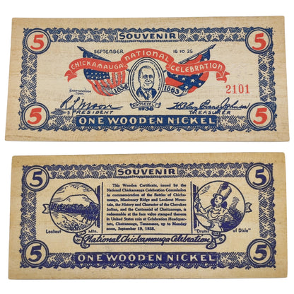 1938 USA Chickamagua Celebration Wooden Nickel - Souvenir 5¢ Note