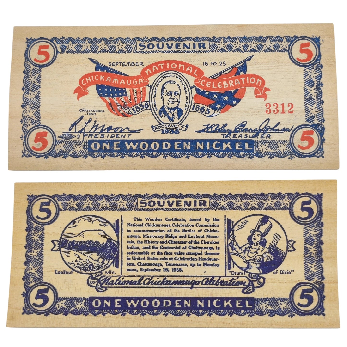 1938 USA Chickamagua Celebration Wooden Nickel - Souvenir 5¢ Note