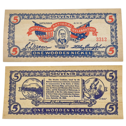 1938 USA Chickamagua Celebration Wooden Nickel - Souvenir 5¢ Note