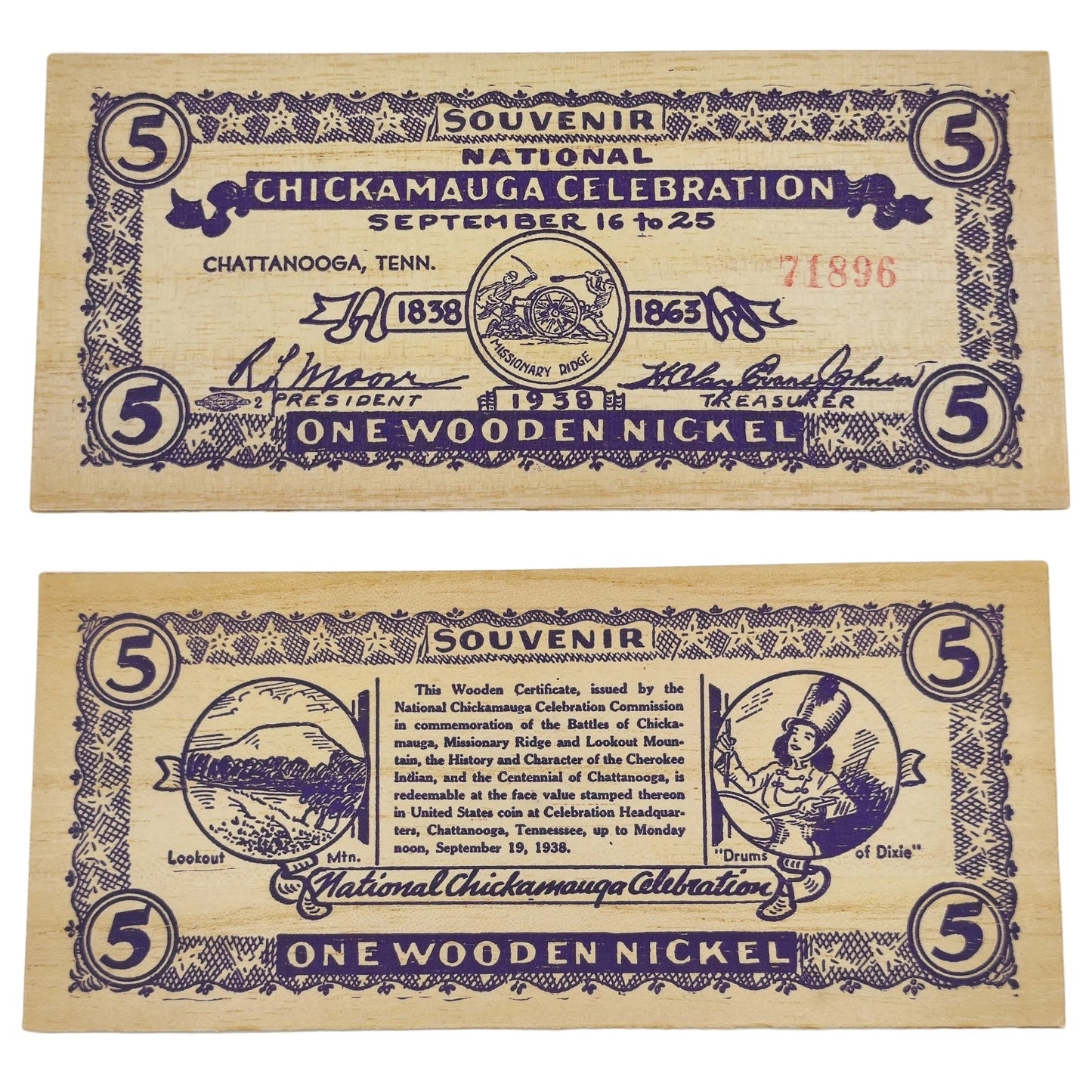1938 USA Chickamagua Celebration Wooden Nickel - Souvenir 5¢ Note