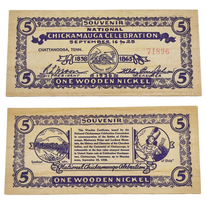 1938 USA Chickamagua Celebration Wooden Nickel - Souvenir 5¢ Note