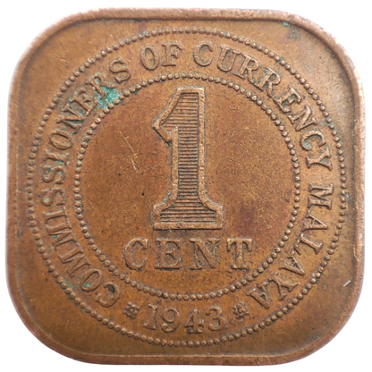 1943 Malaya 1 Cent, George VI King Emperor Commisioners of Currency