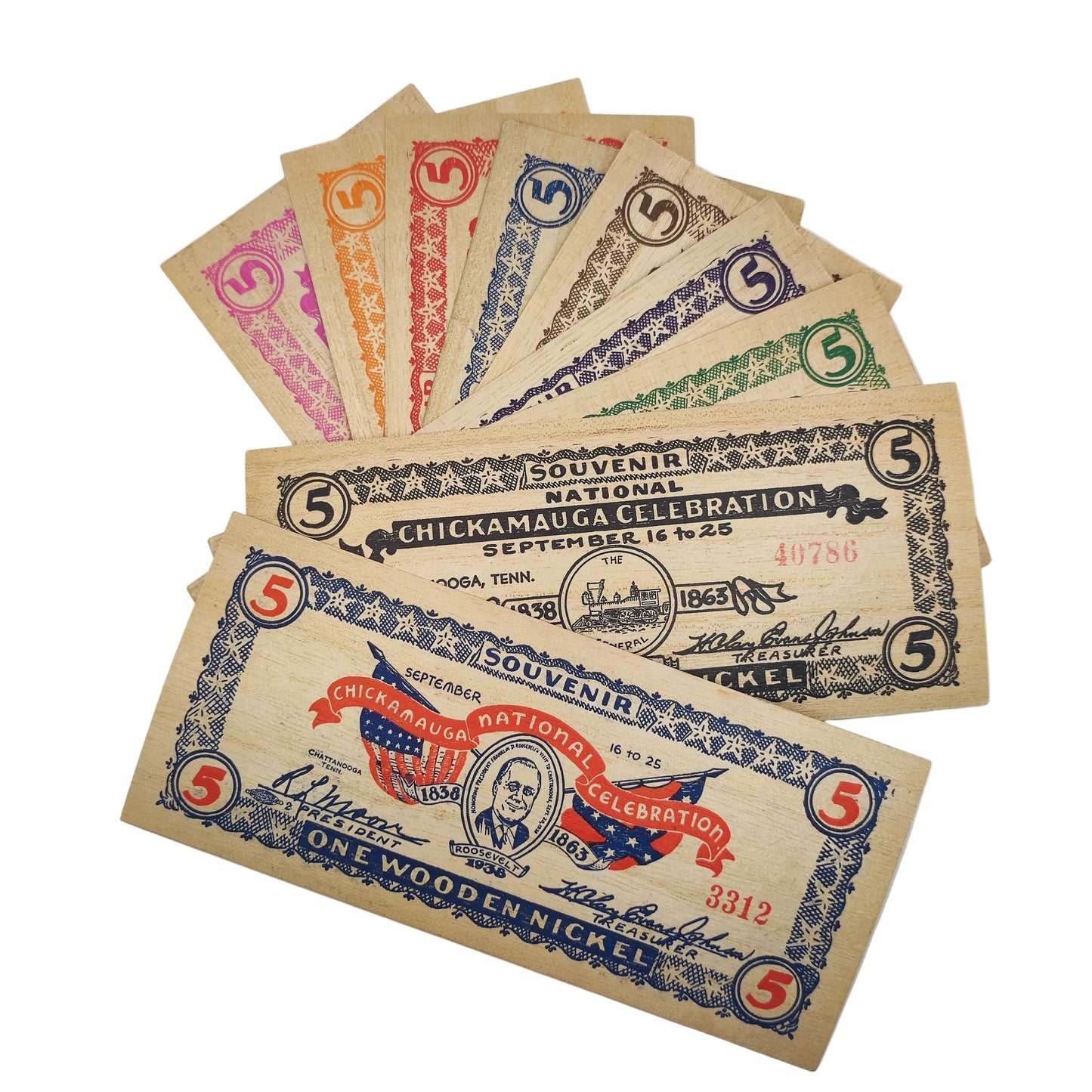 1938 USA Chickamagua Celebration Wooden Nickel - Souvenir 5¢ Note