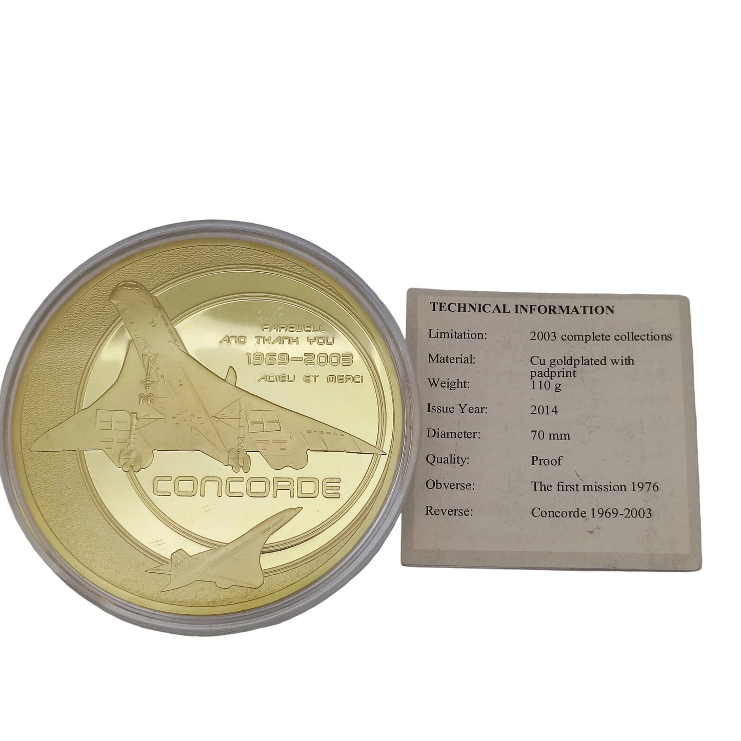 2014 France Adieau au Concorde 70mm Medallion - The First Mission 1976 With Boarding Pass