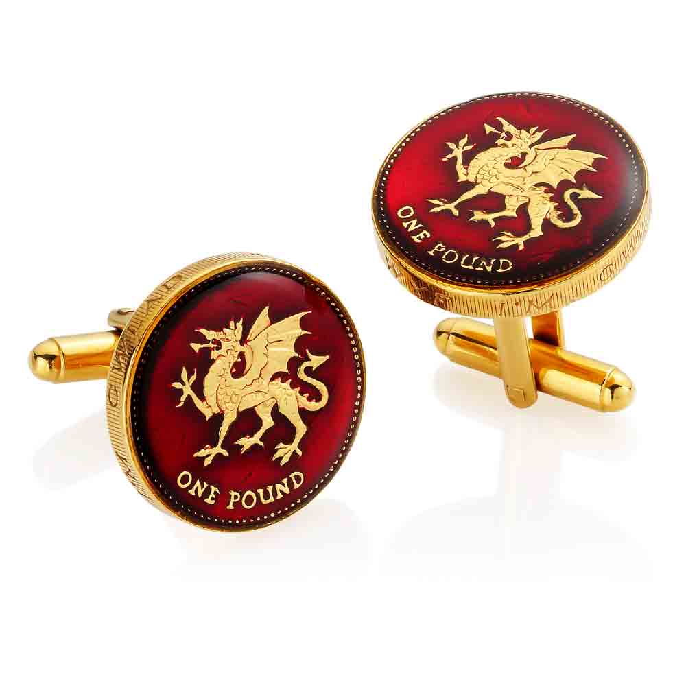 One Pound - Welsh Dragon Design - Enamelled Coin Cufflinks
